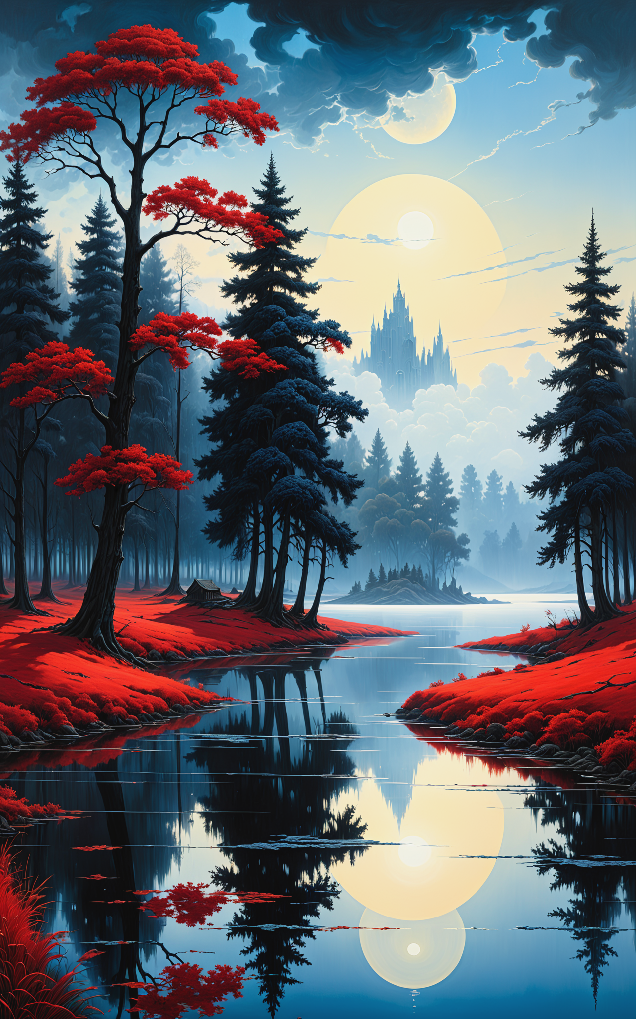 10424-721324076-Masterful surrealism black and white lake landscape, dark red and blue with avenue of trees with special designed t branches, gr.png